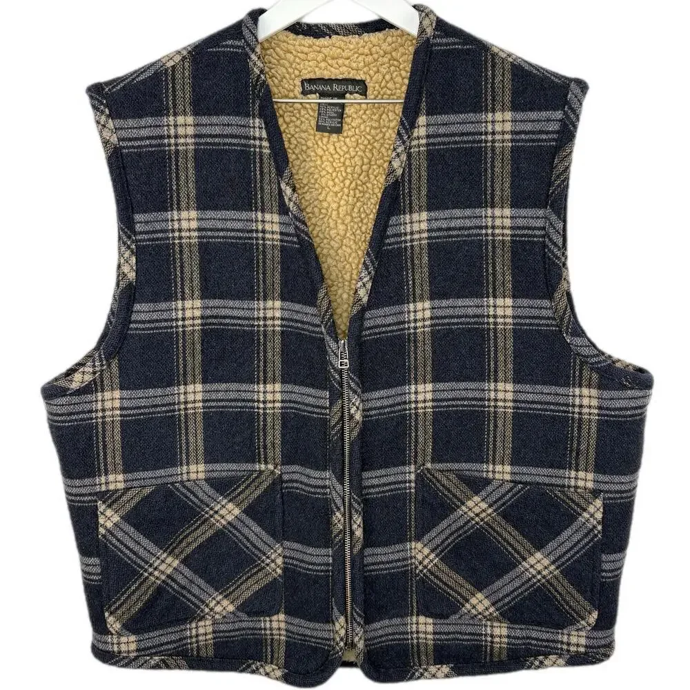 Vintage Wool Blend Flannel Plaid Sherpa Lined Vest - Men's Size L